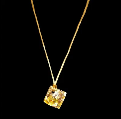 Italian Murano Art Glass Diamond Shape Amber Foil Floral Pendant Necklace - Image 1 of 4