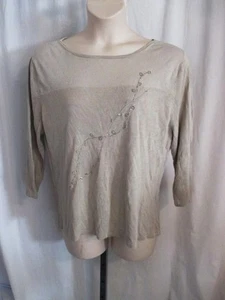 Maggie McNaughton  Plus Sixe 2X Beige Knit Top Beaded Trim 3/4 Sleeve Silk Knit - Picture 1 of 4