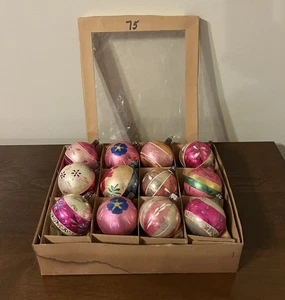 VTG Box (12) Germany & Poland Hand Painted Blown Glass 2.5” Christmas Ornaments - Picture 1 of 23