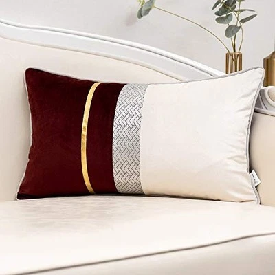  Patchwork Velvet Lumbar Pillow Cover with Gold 20" x 12" (Pack of 1) Wine Red - Image 1 of 4