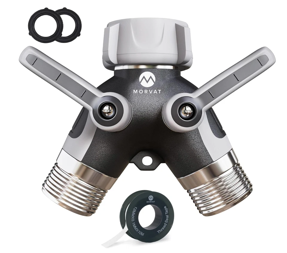 Paquete de 2 divisores de manguera de jardín de 2 vías Morvat conector en Y de alta resistencia con válvulas Foto 1 de 4