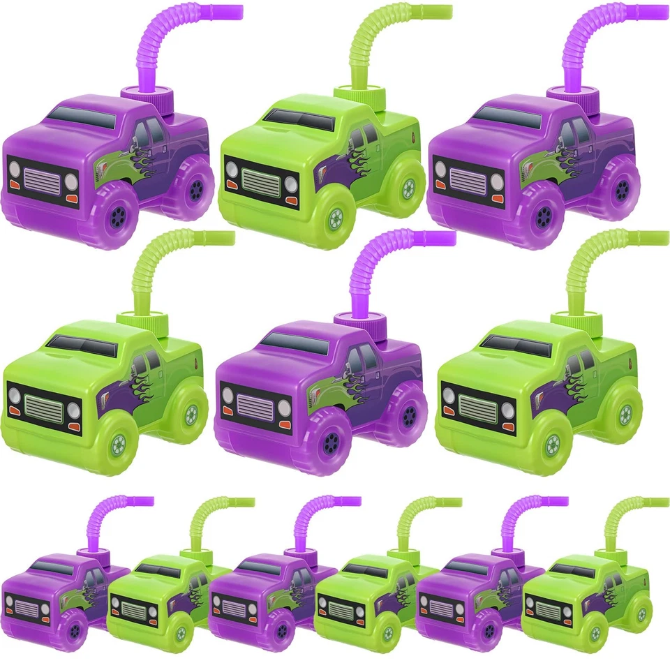 12 Set Green and Purple Monster Truck Road Cups with Straws, Plastic Vehicle ... - Image 1 of 4