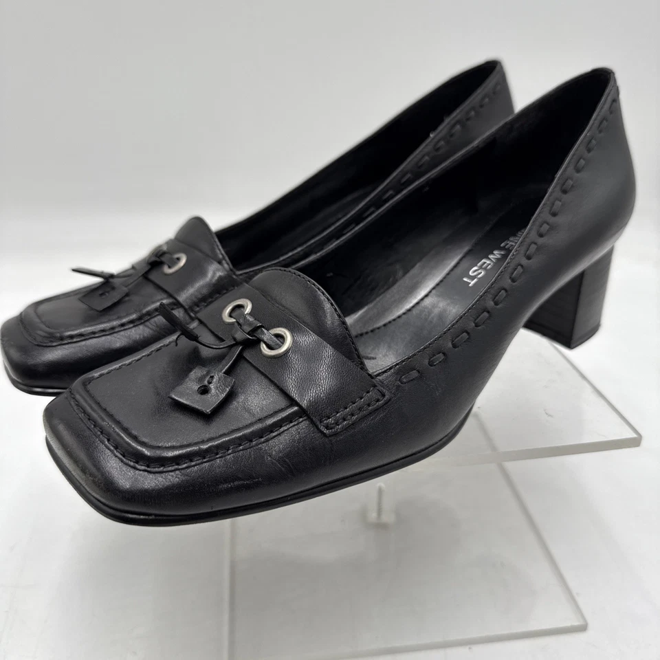 NINE WEST Zapatos de Tacón Bloque para Mujer 7.5 M Cuero Negro Puntera Cuadrada Sin Cordones Foto 1 de 4