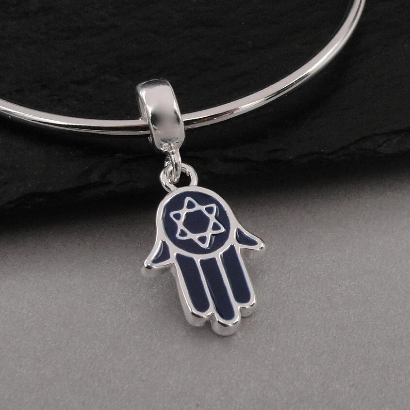 Berloque pendurado Hamsa prata e azul com estrela de David - serve para pulseiras europeias - Imagem 1 de 1