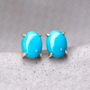 Minimalist Oval Shaped Turquoise Stud Earrings 14k Yellow Gold - Picture 1 of 4
