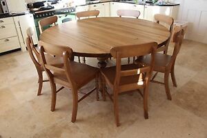 10 seater Large Round Dining Table, Chunky 'Oak Stain' Top, drop leaf available