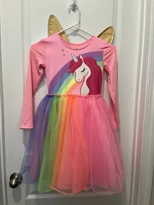 H&M Girl’s Size 6X/7 Pink Rainbow Unicorn Tutu Dress With Gold Wings - Picture 1 of 7