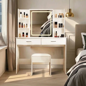 42.5in Vanity Desk w/ Mirror，Storage Shelves ,Makeup Table Set W/Cushioned Stool - Picture 1 of 8