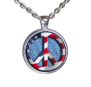 Peace Symbol American Flag Patriotic - Handmade Round Glass Pendant Necklace - Picture 1 of 10