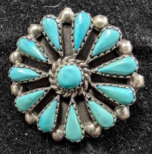 Vintage Zuni Anstecknadel / Anhänger Brosche Sterl. Silber Dornröschen Türkis Petit Point - Bild 1 von 2