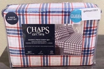 Juego de sábanas CHAPS by Ralph Lauren 6 piezas Queen con 4 fundas de almohada blanco/azul/rojo a cuadros Foto 1 de 3