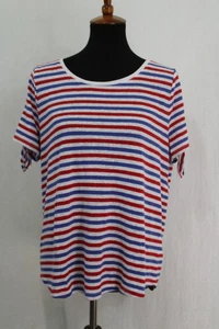 Talbots Sz L Red White Blue Stripe Linen Blend Knit Tee Short Bow Tied Sleeves - Picture 1 of 6