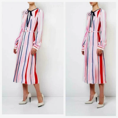 Oscar De La Renta Brushstroke Midi Dress Belted Striped Pink Tie NWOT S US 4 - Image 1 of 4