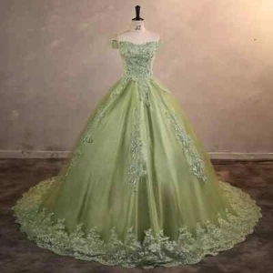 Green Quinceanera Dresses Ball Gown Off Shoulder Lace Applique Prom Party Dress - Picture 1 of 28