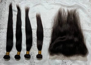 Straight 100% Natural Real Human Brazilian Hair Bundles with 13x6 Lace Closure - Picture 1 of 5