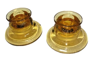 Amber Glass Candle Holders Pair Depression Glass Vintage - Picture 1 of 3