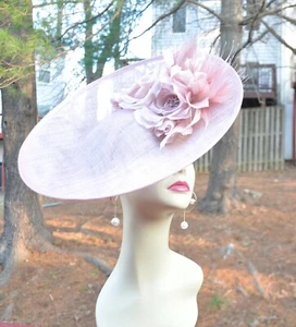 Dusty Pink Sinamay Disc Fascinator Hat with Orange Handmade Silk Flowers Feather - Picture 1 of 6