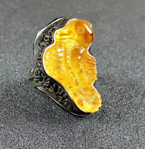Baltic Amber Adjustable Ring & Natural Leather Figurine Engraved Sea Horse