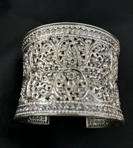 Samuel B Sterlingsilber breites Armreif Armband atemberaubendes florales Design Thailand LESEN - Bild 1 von 14