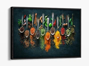 HERBS AND SPICES SPOONS KITCHEN DECOR FLOAT EFFECT FRAMED CANVAS ART PRINT - Picture 1 of 12