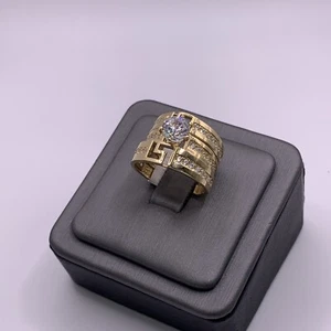 14 K Real Yellow Gold Wedding Set With Cubic Zirconia Men And Women - Picture 1 of 13
