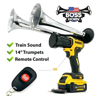 DeWalt Impact Drill Train Horn 20v + Remote Control and 14" Trumpets - BossHorn - Image 1 of 3
