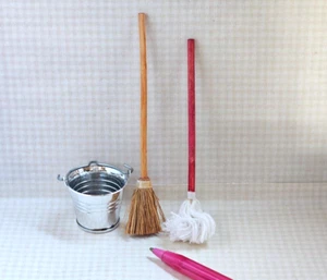 Miniature MW Straw Broom, String Mop, Plastic Pail Set: DOLLHOUSE 1:12 - Picture 1 of 2