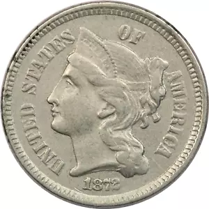 1872 Three Cent Nickel 3CN, About Uncirculated AU - Picture 1 of 2