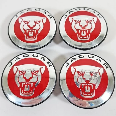 👀 Jaguar Aluminum Wheel 58mm Red Center Caps OEM # C2D47107 Used SET/4 ✅ - Image 1 of 4