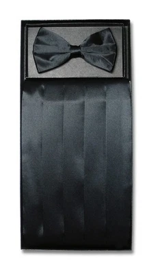 Mens Cumberbund BowTie Hanky Solid BLACK Color Men's Cummerbund Bow Tie Set - Image 1 of 2