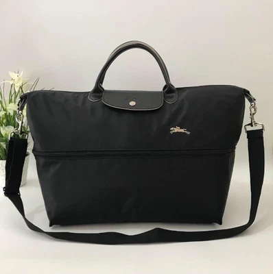 Bolsa de ombro de viagem Longchamp couro náilon preto H13.6-20x W16-22x tomada D9.1 - Imagem 1 de 4