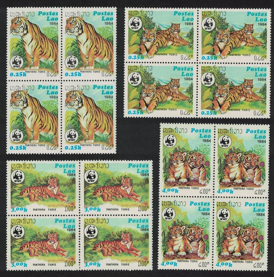 Laos WWF Tiger 4v Blocks of 4 1984 MNH Sc#517-520 SG#704-707 MI#706-709 - Image 1 of 1