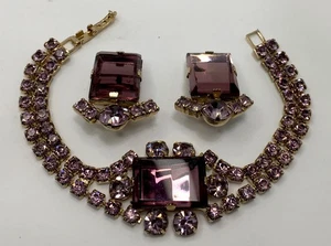 Lila Kristall Armband Clip auf Ohrring Set Vintage  - Bild 1 von 5