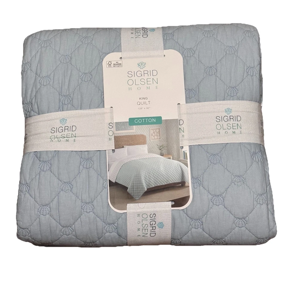 Sigrid Olsen Quilted Blue Seashells KING QUILT Beach Coastal Shells Island NEW - Image 1 of 4