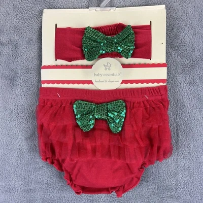 Baby Essentials Headband and Diaper Cover Red Ruffle Green Sequin Bow Christmas - Image 1 of 4