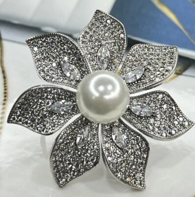 Stunning 10X10 MM Natural Pearl Sparkling Moissanite Solid Silver Women’s Ring - Image 1 of 4