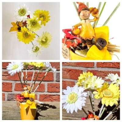 Topfblume Gerbera Gelb Weiß Kunstblumen Keramikgefäß rund Figur Blätter Geschenk - Bild 1 von 4