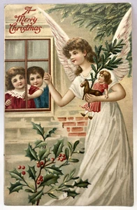 A Merry Christmas, Angel Delivering Doll, Toys, Window, Children, Tree, Postcard - Picture 1 of 2