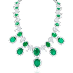 Oval Syn Colombian Emerald Tennis Necklace 925 Fine Silver Evening Wear Jewelry - Picture 1 of 9
