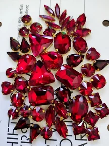 50 Mixed Sew On Crystals Glass Diamante Gold Claw Rhinestones Gems Dark Red Siam - Picture 1 of 9
