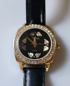 Vintage BLACK HILLS GOLD Diamond Crystal Black Leather Band Ladies Wristwatch - Picture 1 of 6