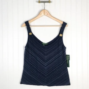 Lauren Ralph Lauren Womens Tank Top Blue Stripe Strap V Neck Linen L New - Picture 1 of 4