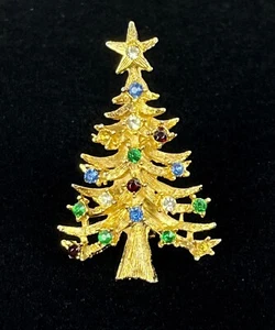 Laurentian Vintage LJM Signed Gold Tone Rhinestone Christmas Tree Brooch - Picture 1 of 6