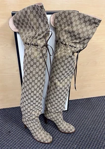 Authentic Gucci Knee High Boots Women's 523513 KY9V0 9770 Beige-Ebony Canvas - Picture 1 of 12