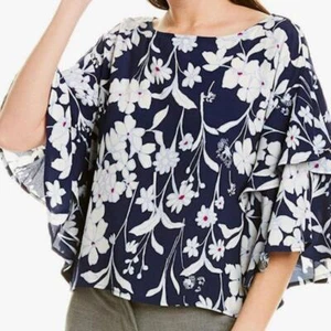 1. State Floral Crop Top Ruffled Tiered Sleeves Blue, White and Red XS - Picture 1 of 8