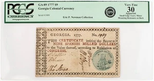Fr. GA-89, 1777 $9 Georgia Colonial Currency, "Justice" , PCGS 30 Apparent - Picture 1 of 4