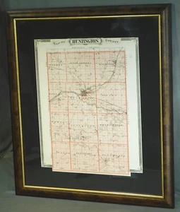 Antique COLOR Map 1876 Huntington County Indiana Burl Wood Ogee Picture Frame - Picture 1 of 12
