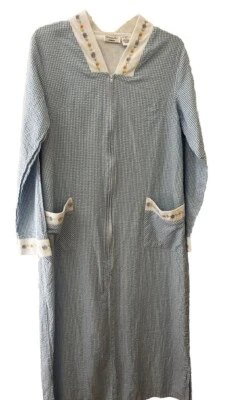 Women’s Night Gown Sz Medium Front Zip Woven Blue White Check Granny Embroidery - Image 1 of 4