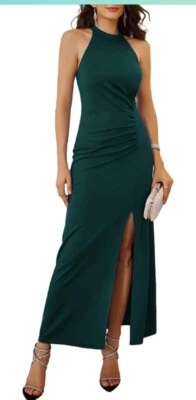 Grace Karin L  Halter Dark Green Formal Maxi Dress Split Ruched - Image 1 of 4