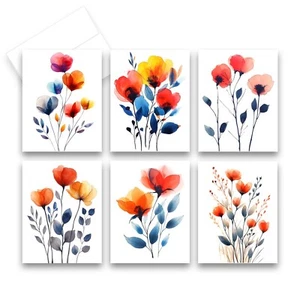 12 All Occasion Note Cards Blank with Envelopes - WATERCOLOR FLOWERS ( 2 of Each - Picture 1 of 9